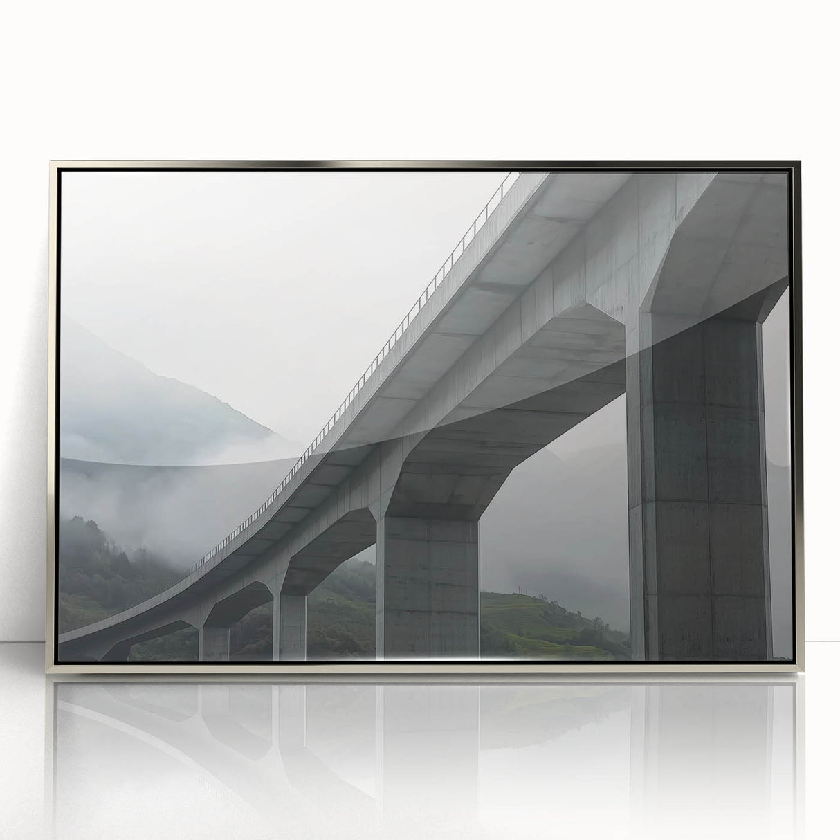 Framed acrylic artwork depicting a serene landscape bridge scene, highlighted by silver accents and set against a natural background, ideal for home decor.