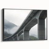 Framed canvas artwork showcasing a stunning landscape view of a bridge, featuring a sleek black frame that enhances its visual appeal, perfect for home decor.