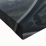 Close-up of a stretched canvas showcasing a vibrant landscape bridge design, featuring rich colors and intricate details, ideal for modern home decor.