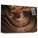 Acrylic glass artwork showcasing a vibrant landscape of canyons, emphasizing warm earthy tones and dramatic rock formations, presented in a sleek side view without pins.
