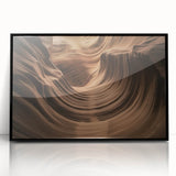 Framed acrylic artwork depicting a serene landscape with vibrant canyons, showcasing rich earth tones and dramatic shadows, ideal for enhancing modern home decor.