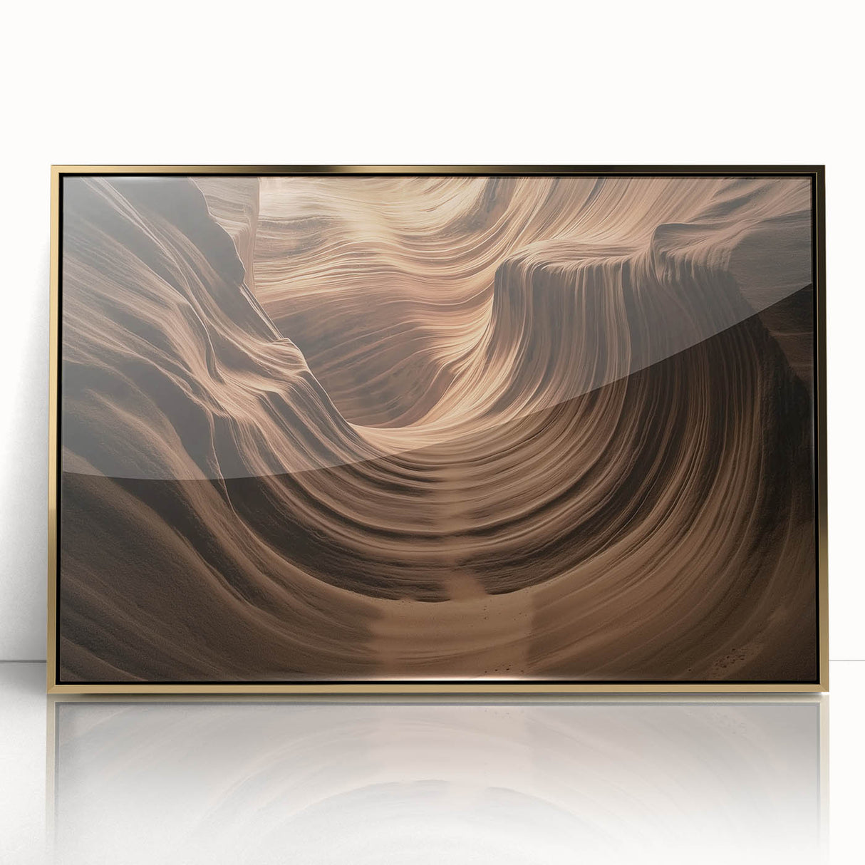 Framed acrylic artwork showcasing a stunning landscape of canyons in vibrant gold tones, perfect for modern decor and elevating any interior space.