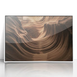 Framed acrylic artwork depicting a stunning landscape of canyons with vibrant colors, set in a sleek white frame, perfect for home decor and modern aesthetics.