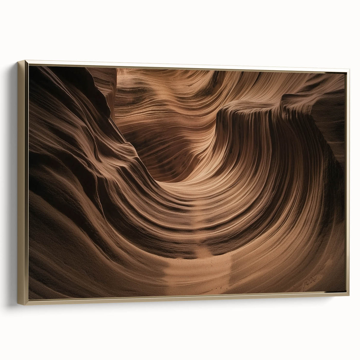 Framed canvas artwork depicting a stunning landscape of canyons with rich gold accents, ideal for enhancing modern home decor and creating a serene atmosphere.