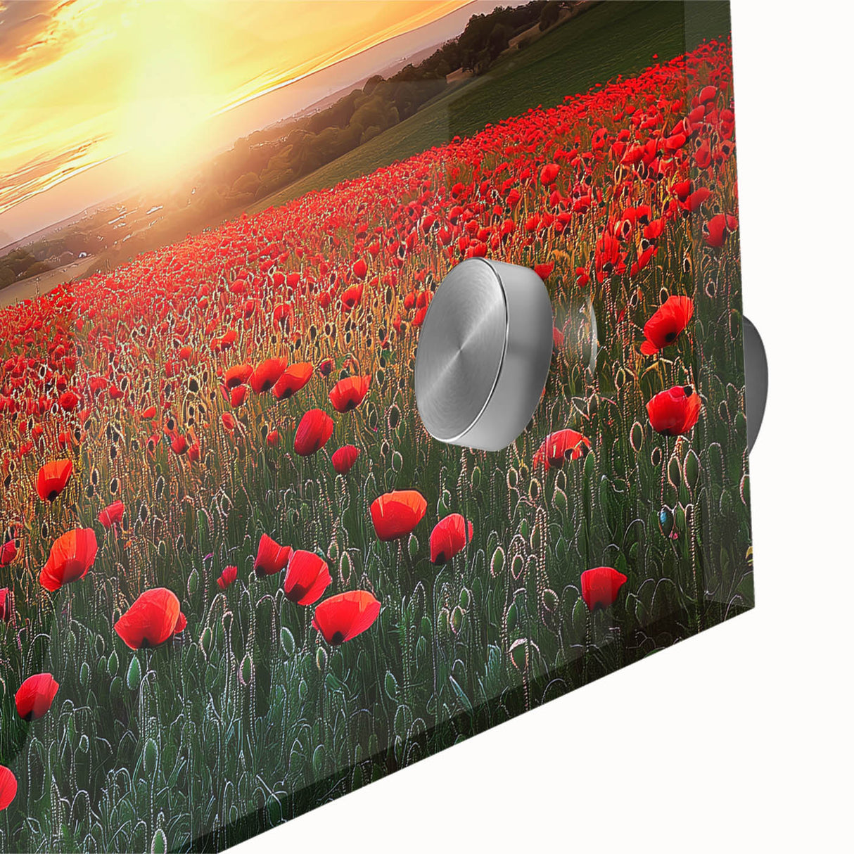 Close-up of an acrylic glass landscape artwork showcasing a serene countryside scene with vibrant green fields and a clear blue sky, ideal for home decor.