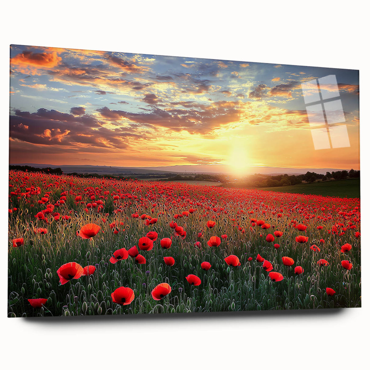 Acrylic landscape artwork showcasing a serene countryside scene with vibrant colors, displayed in a sleek glass frame from a side view, perfect for home decor.
