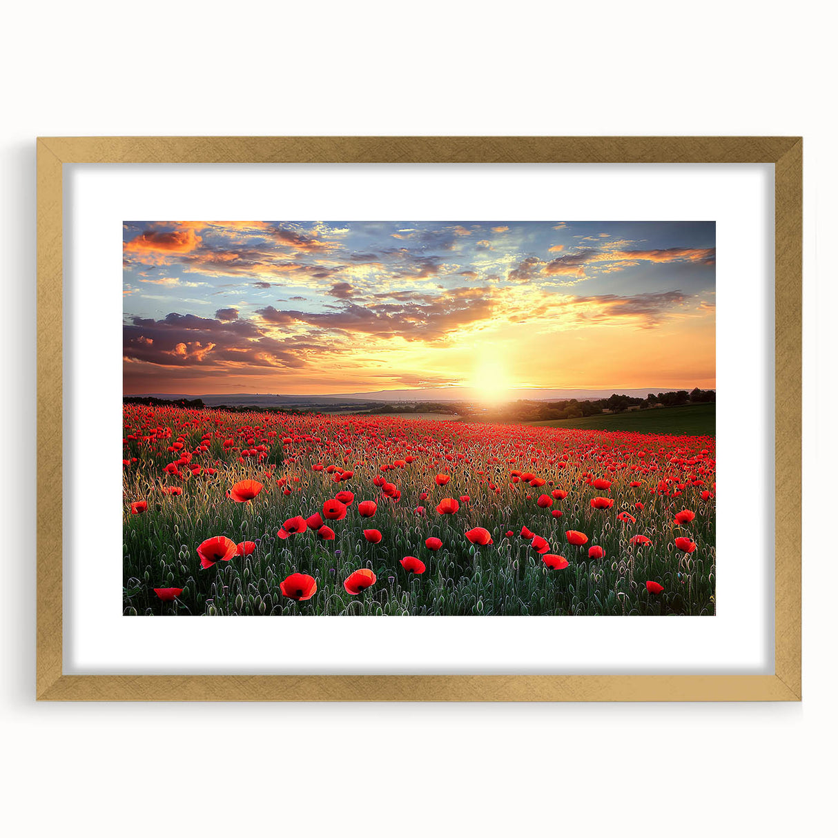 Elegant gold-framed landscape artwork depicting a serene countryside scene, featuring lush greenery and a tranquil sky, perfect for home decor in any setting.