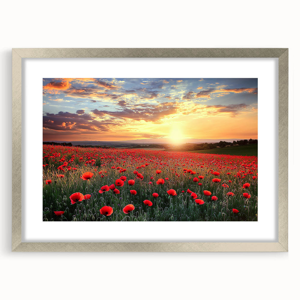 Elegant silver frame with a mat showcasing a serene countryside landscape artwork, perfect for home decor and enhancing interior aesthetics. Ideal for art enthusiasts and decorators.