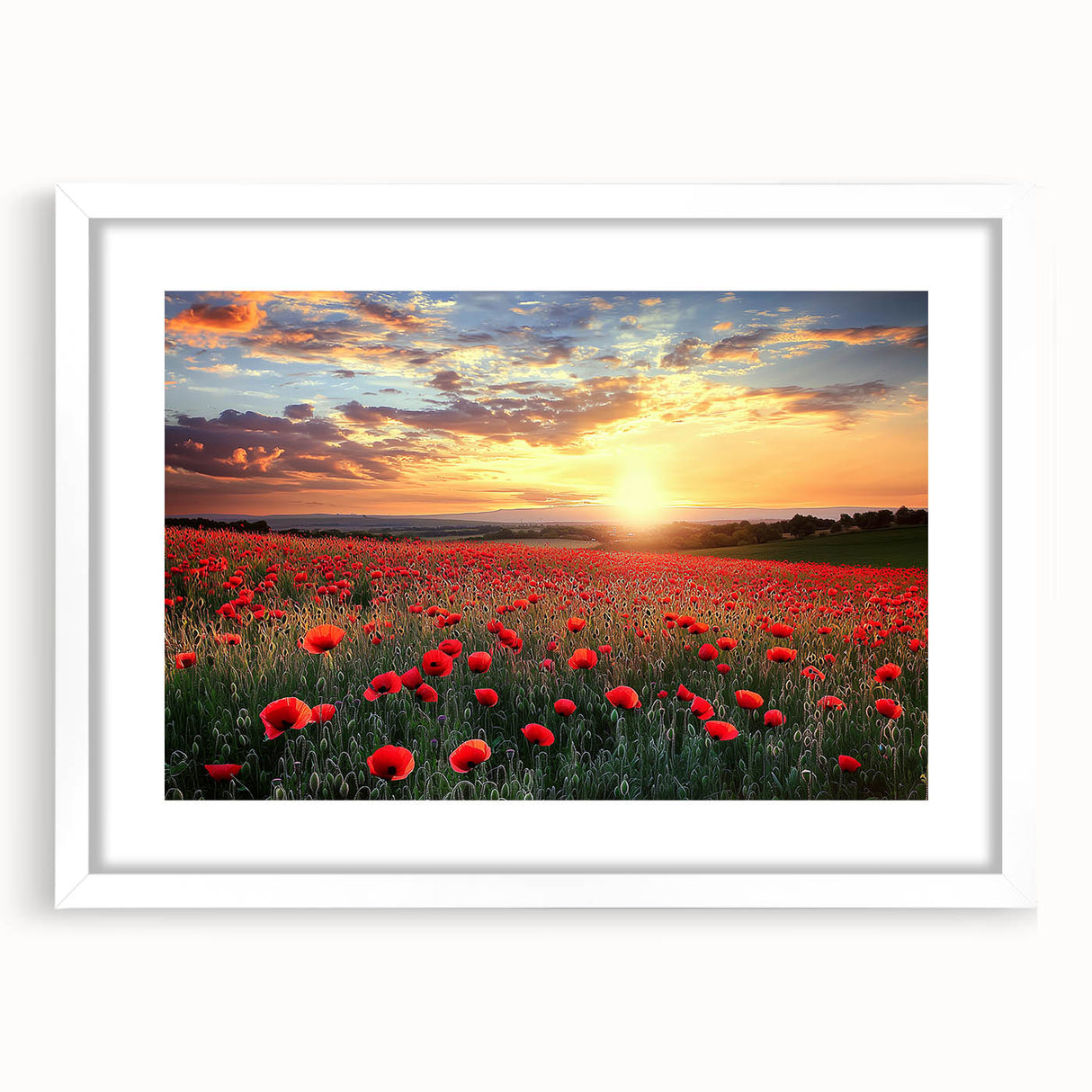 Framed landscape art print showcasing a serene countryside scene, featuring lush green fields and a vibrant blue sky, presented in a sleek white frame with a mat.