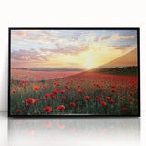 Framed acrylic landscape artwork showcasing a serene countryside scene, featuring lush green fields and a clear blue sky, presented in a sleek black frame.