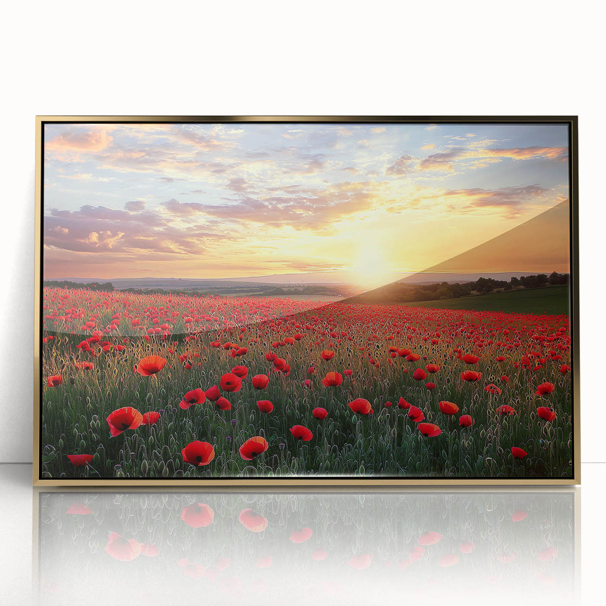 Framed acrylic landscape artwork showcasing a serene countryside scene with vibrant greens and golden accents, ideal for home decor and enhancing interiors.