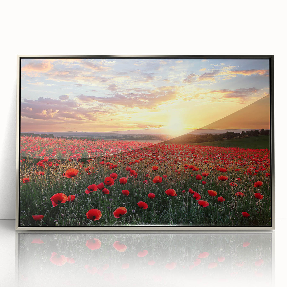 Framed acrylic landscape art depicting a serene countryside scene with rolling hills and lush greenery, featuring a silver frame for an elegant finish.