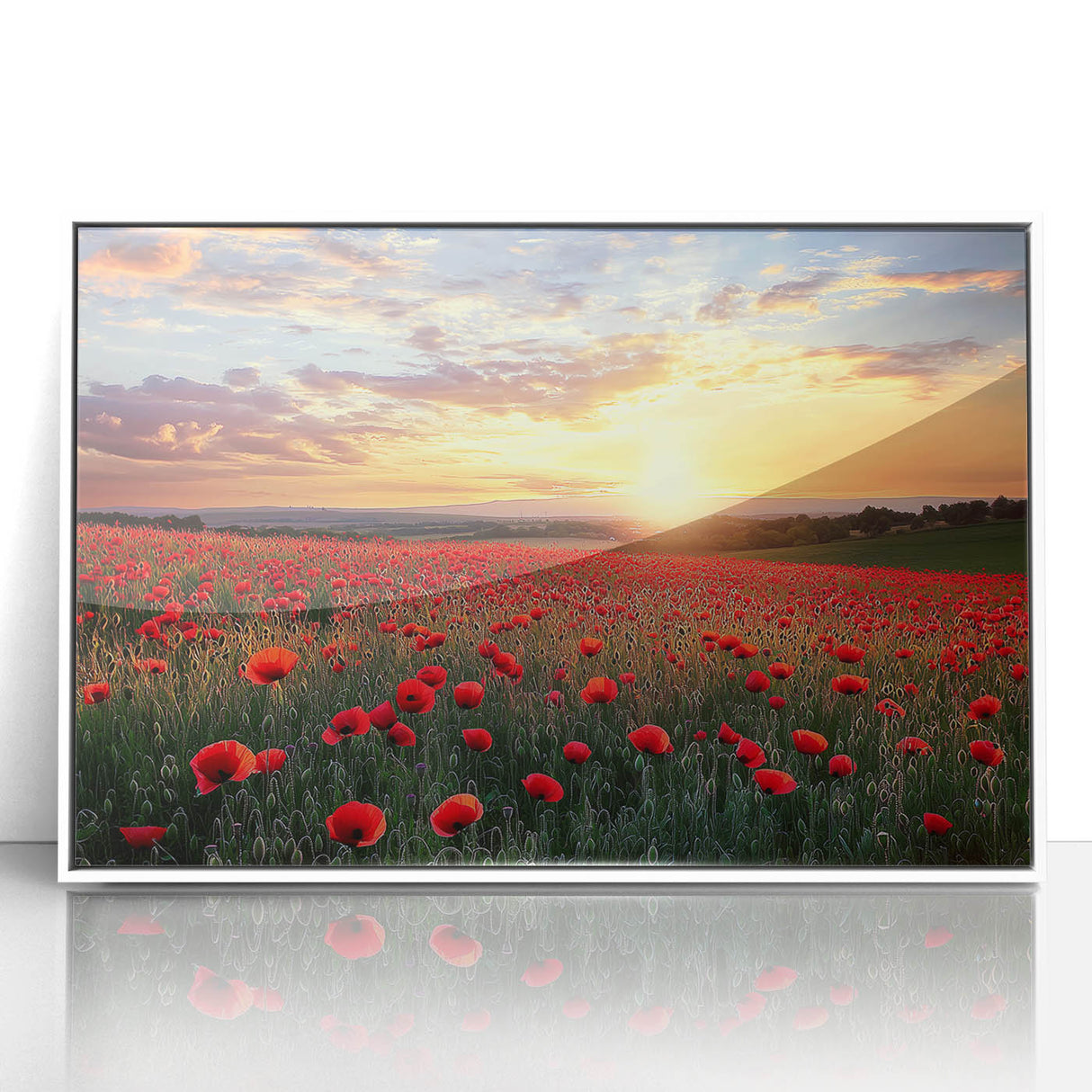 Framed acrylic landscape artwork depicting a serene countryside scene with rolling hills and a clear sky, enclosed in a modern white frame for stylish home decor.
