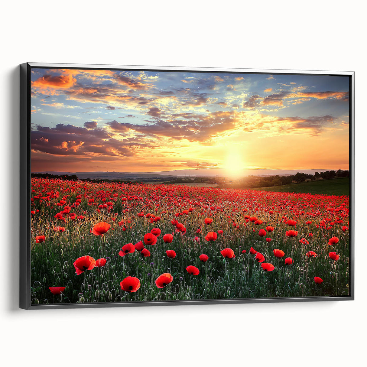 Framed canvas artwork depicting a serene countryside landscape with vibrant green fields, rolling hills, and a clear blue sky, showcased from a black side view.