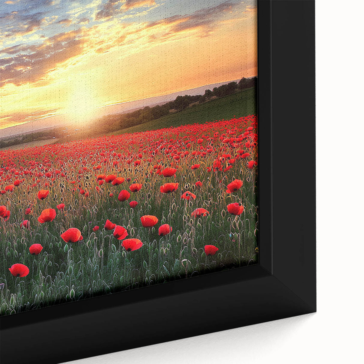 Close-up of a beautifully framed canvas depicting a vibrant countryside landscape with rolling hills and lush greenery, perfect for home decor.