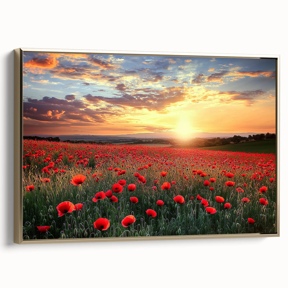 Framed canvas artwork showcasing a serene countryside landscape with vibrant colors, gold accents, and a sleek side view, ideal for home decor.