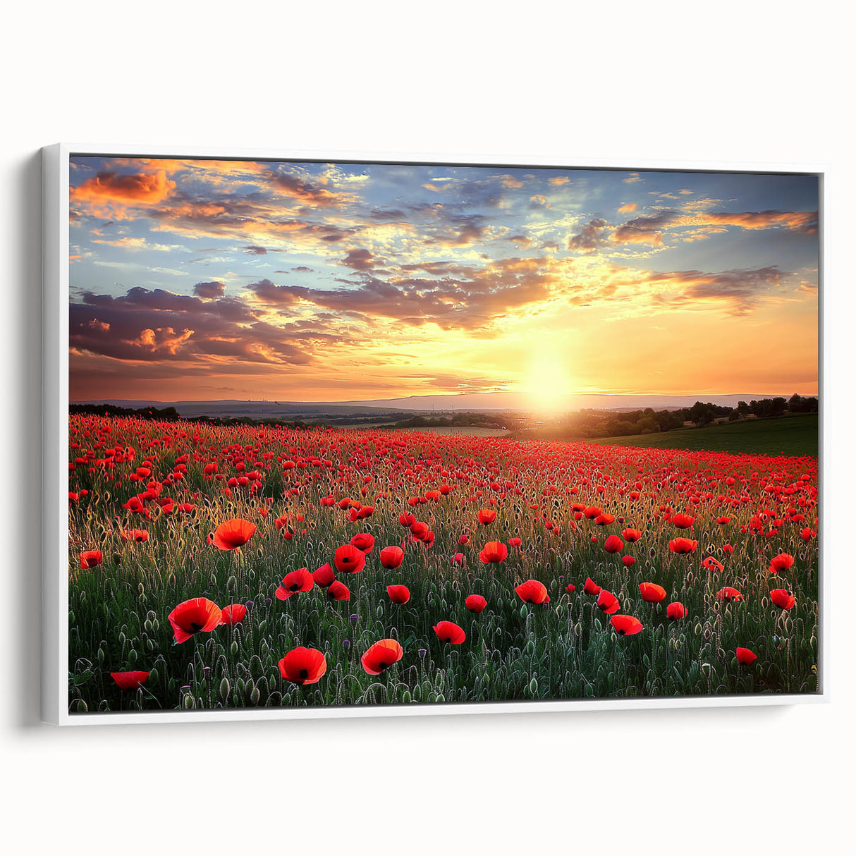 Framed canvas artwork depicting a serene countryside landscape with rolling hills and vibrant greenery, presented from a side view against a white background.