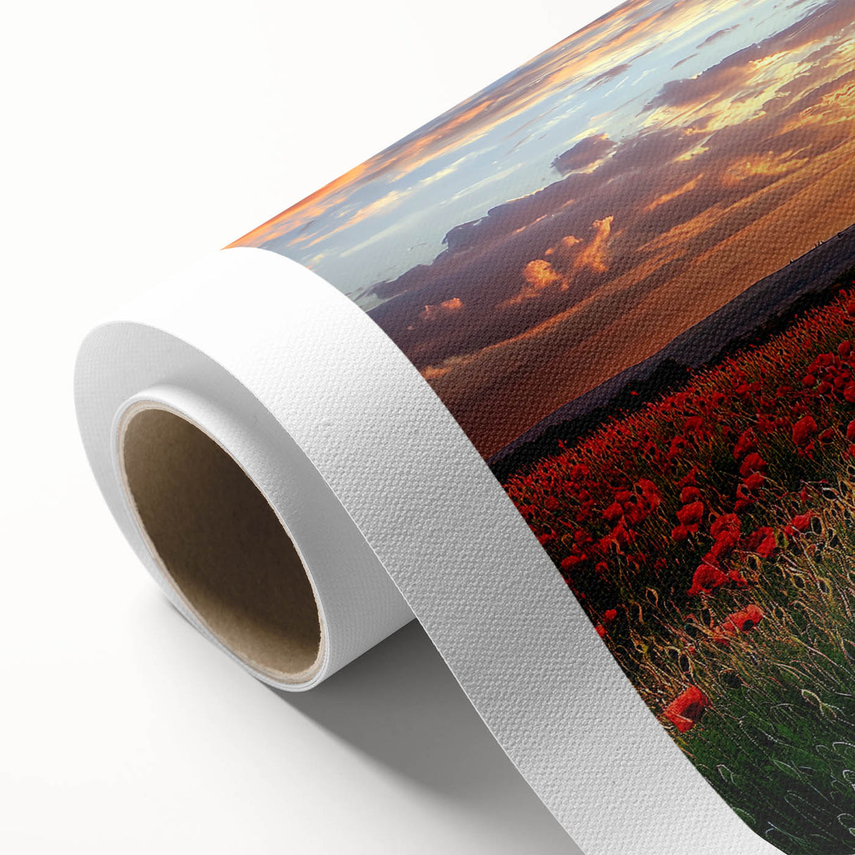 Vibrant rolled canvas print showcasing a serene countryside landscape with lush green fields and rolling hills, elegantly packaged in a protective cardboard tube.