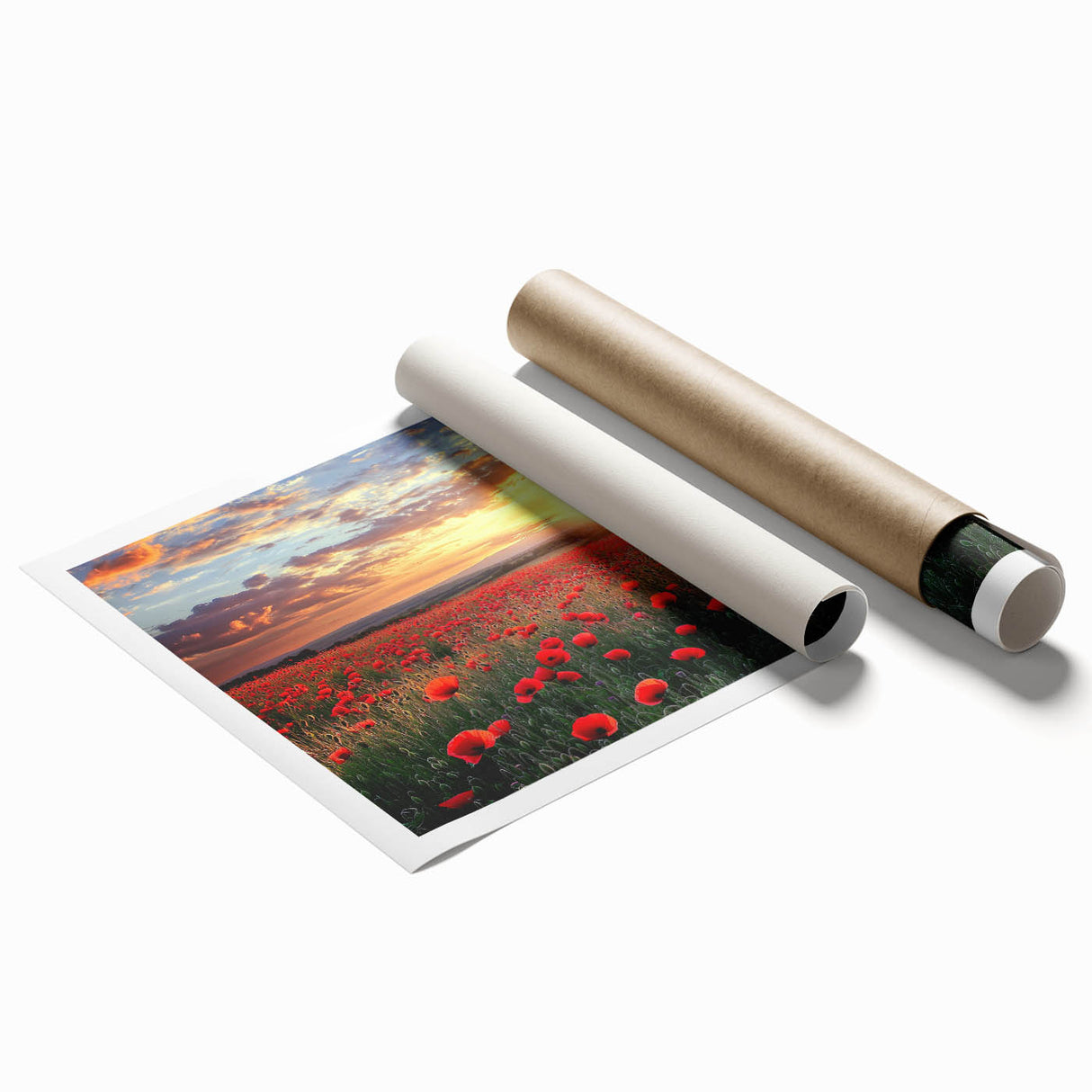 Rolled canvas print showcasing a serene countryside landscape with rolling hills and vibrant greenery, elegantly packaged in a protective cardboard tube for delivery.