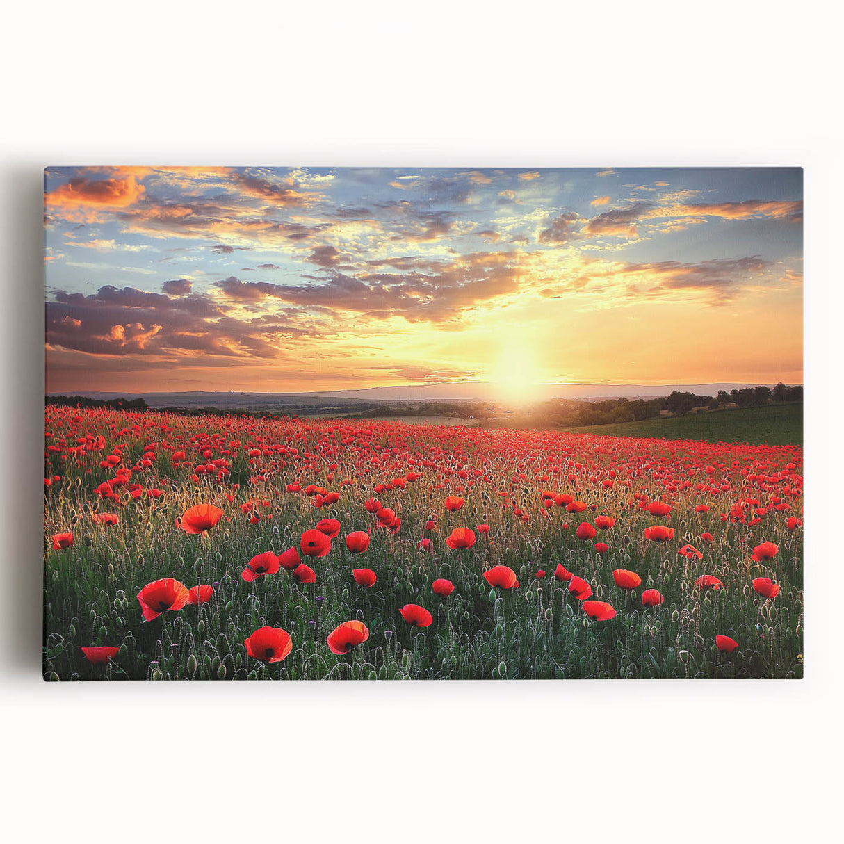 Stretched canvas artwork showcasing a serene countryside landscape in vibrant colors, perfect for home decor. Ideal for adding a touch of nature to any room.