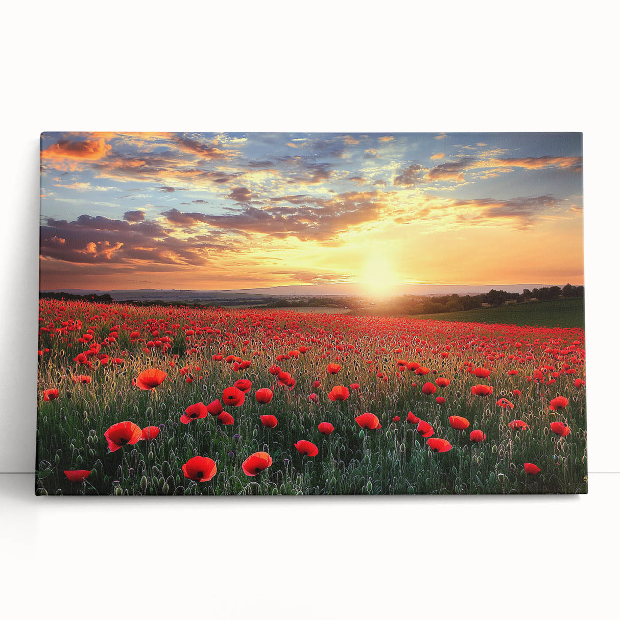 Stretched canvas artwork depicting a serene countryside landscape, featuring rolling hills, lush green fields, and a vibrant blue sky, perfect for home decor.