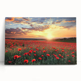 Stretched canvas artwork depicting a serene countryside landscape, featuring rolling hills, lush green fields, and a vibrant blue sky, perfect for home decor.