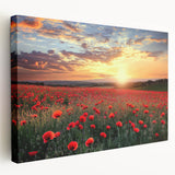Stretched canvas artwork showcasing a serene countryside landscape in vibrant colors, featuring rolling hills and a clear blue sky, ideal for home decor.
