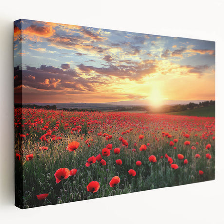 Stretched canvas artwork showcasing a serene countryside landscape in vibrant colors, featuring rolling hills and a clear blue sky, ideal for home decor.