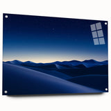 Side view of a vibrant desert landscape acrylic wall art piece, showcasing warm hues of orange and yellow, mounted on clear glass with decorative pins, perfect for modern decor.