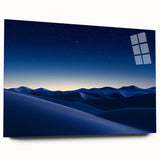 Acrylic glass landscape artwork depicting a vibrant desert scene with warm hues of orange and yellow, showcasing a side view without pins, perfect for modern decor.