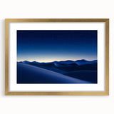 Desert landscape framed print with a gold mat, showcasing vibrant hues of orange and yellow against a serene blue sky, ideal for modern home decor.