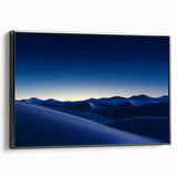Framed canvas artwork depicting a serene desert landscape with vibrant colors, black frame, showcasing rich textures and details, ideal for home decor.