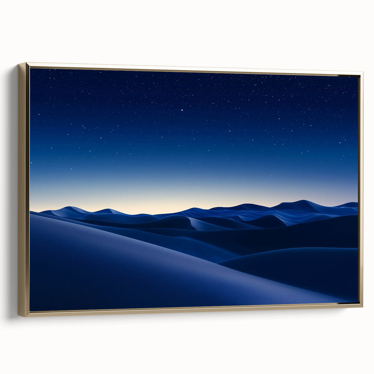 Framed canvas artwork showcasing a stunning desert landscape with rich gold accents, highlighting the serene beauty of arid terrain, perfect for home decor.