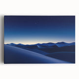 Desert landscape stretched canvas artwork showcasing vibrant hues of orange and yellow, depicting a serene sunset over sand dunes, perfect for home decor.