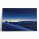 Desert landscape stretched canvas art piece showcasing vibrant orange and yellow hues of a sunset over sand dunes, perfect for home decor or office ambiance.