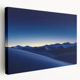 Desert landscape canvas artwork showcasing vibrant hues of orange and yellow, depicting a serene sunset over rolling dunes with a side view perspective.