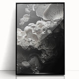 Large abstract wall art print featuring organic shapes in earth tones, framed in black acrylic.