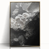 Large art print of natural elements, in gold frame and acrylic, with mid-century modernist style.