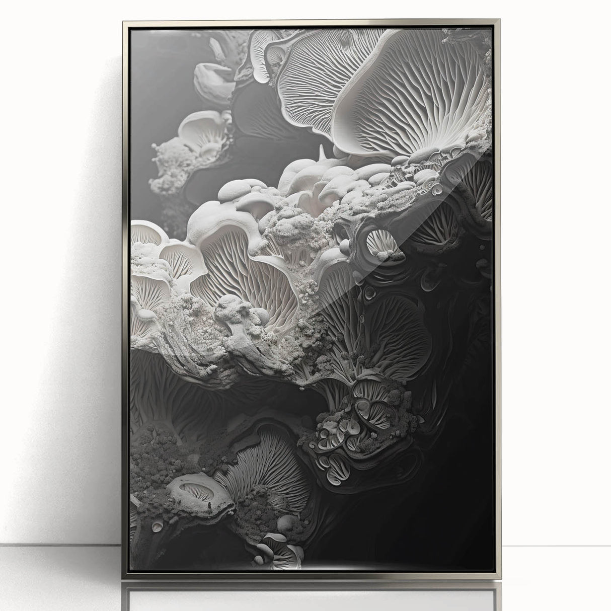 Mid-century modernist art featuring abstract shapes in muted earth tones on a silver-framed acrylic print.