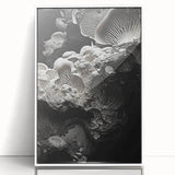 Art deco poster of natural elements in muted green and white, acrylic print framed in white, suitable for nursery wall art.