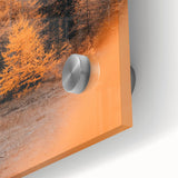 Large abstract wall art in autumn hues on acrylic glass, ideal for dining room ambiance.