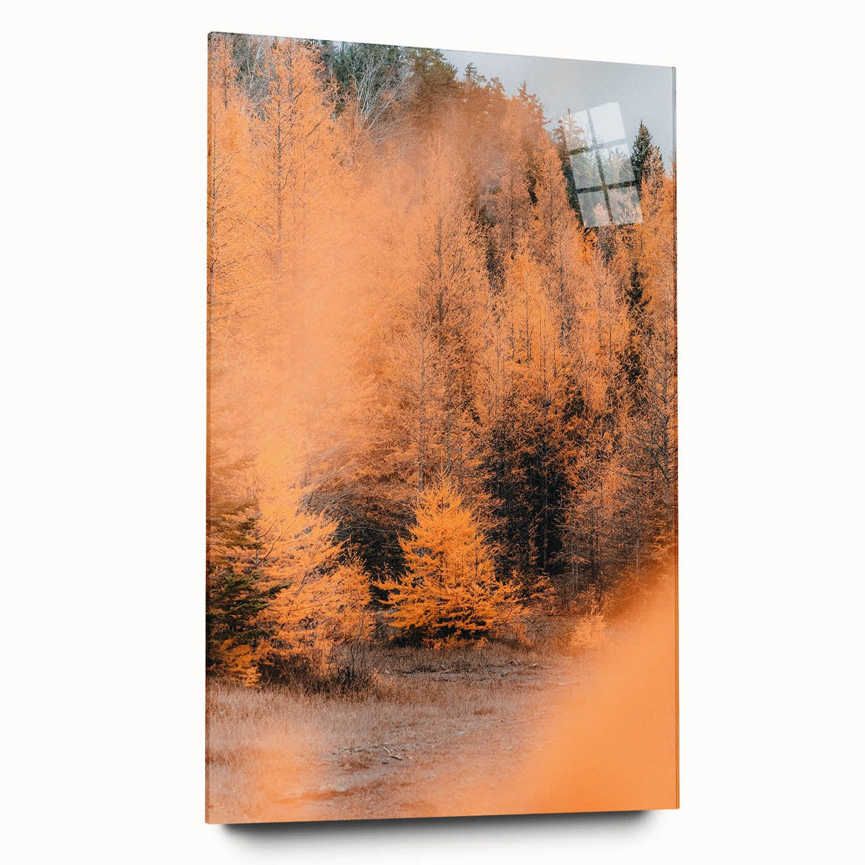 Large abstract wall art on acrylic glass depicting swirling autumn hues, ideal for bedroom or dining room decor.