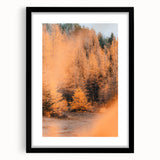 Colorful abstract art print with textured design, featuring autumn hues on a large canvas, framed in black.
