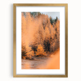 Extra large abstract art print featuring textured autumn hues on a gold-framed canvas, suitable for living room decor.