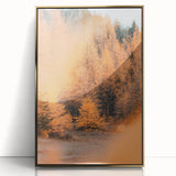 Mid-century modernist art depicting a fall scene in muted orange and brown tones on a framed acrylic print.