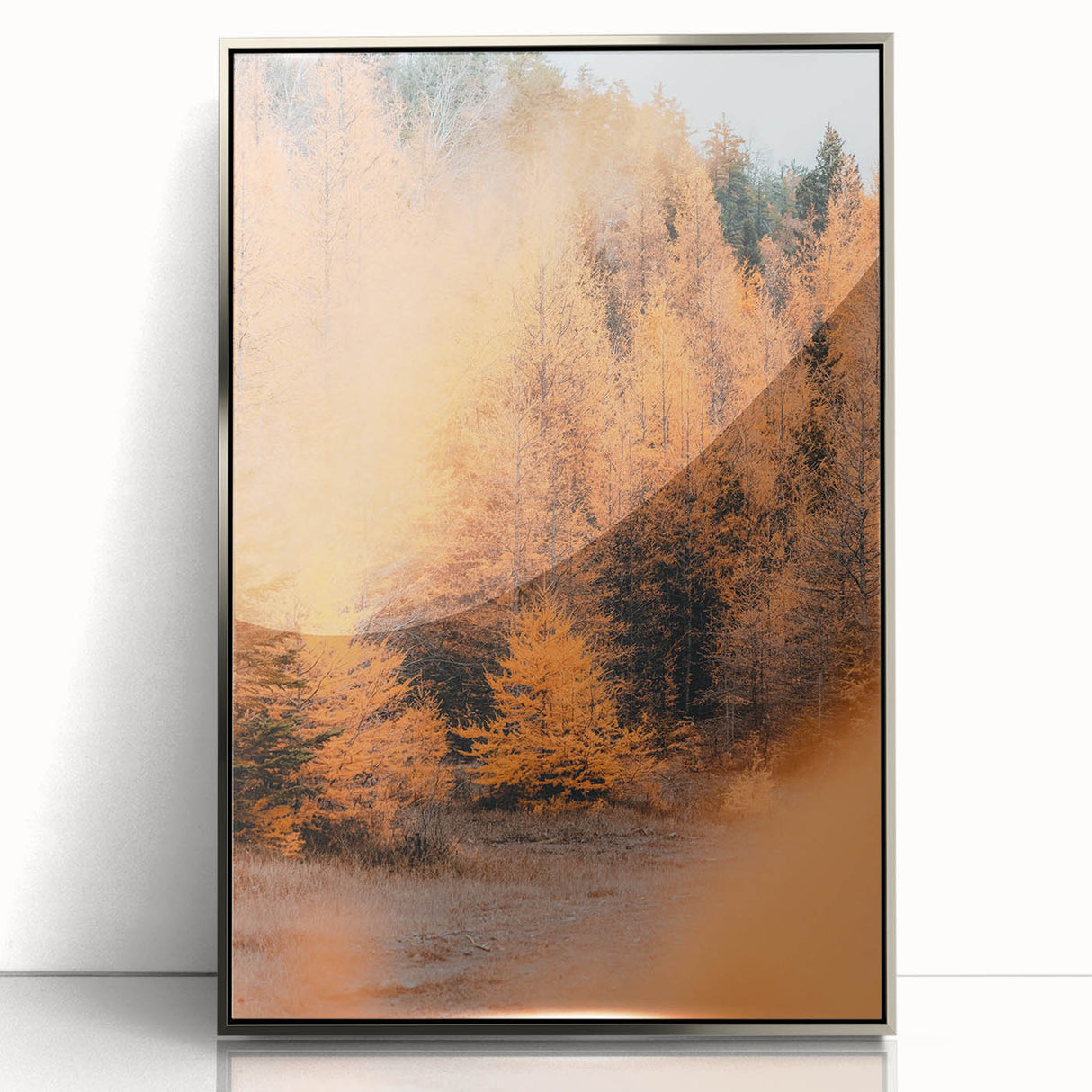 Mid-century modernist art depicting an autumn scene in muted orange and brown tones, framed in silver acrylic.