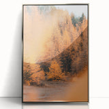 Mid-century modernist art depicting an autumn scene in muted orange and brown tones, framed in silver acrylic.