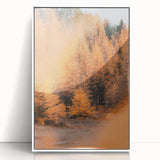 Art deco poster of autumn trees in orange and yellow tones on a white acrylic framed print, suitable for nursery wall decor.