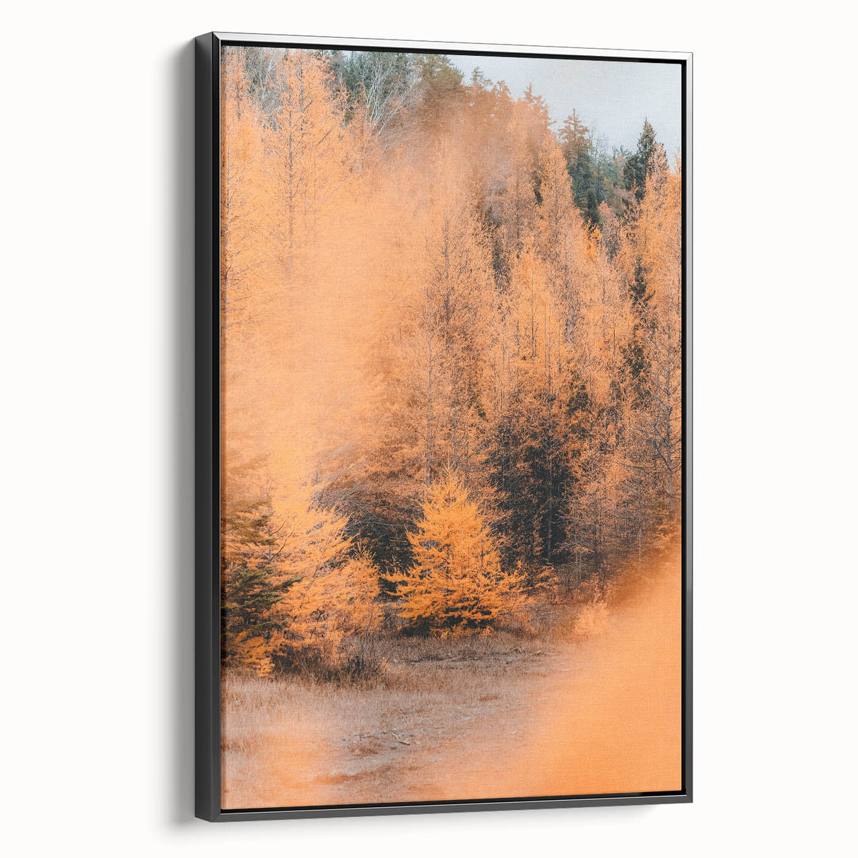 Black and white framed canvas featuring a vintage-style landscape painting, ideal for bedroom decor.