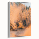 Vintage poster art of an autumnal scene on framed canvas, with orange and brown tones, ideal for living room decor.